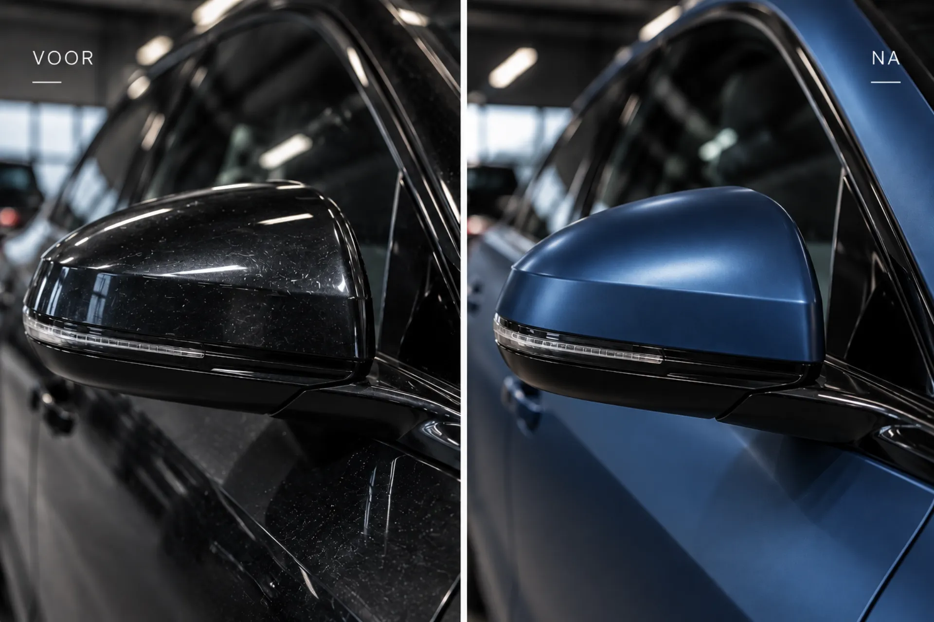 Voor en na close-up: spiegel in satin blauw